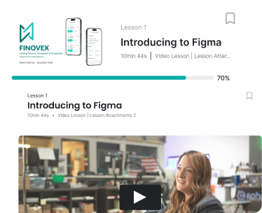 Pre-recorded Figma course lesson dashboard with video preview and progress tracker.